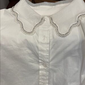 Jason Wu White Button-Down Tunic Blouse With Sheer Embellished Collar  – Size S